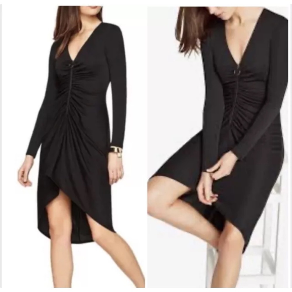 BCBGMaxAzria Black Long Sleeve Ruched V-Neck Dress